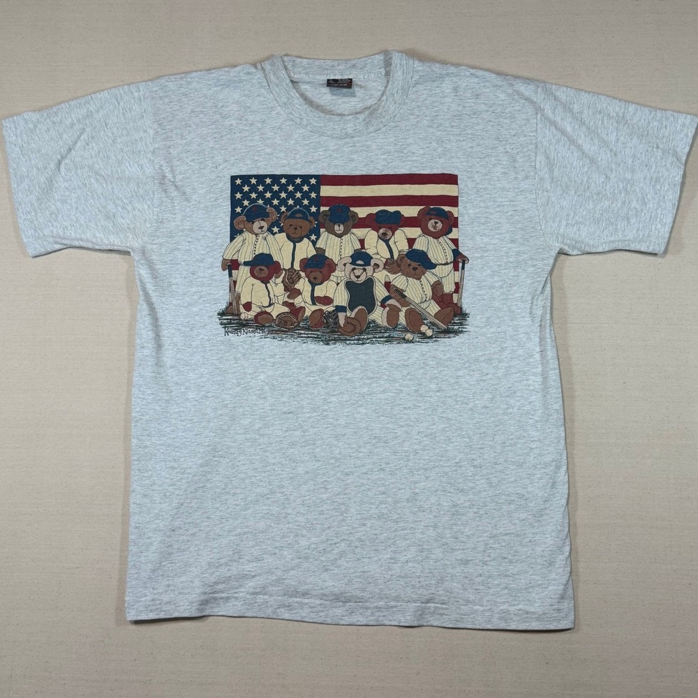 Vintage Fruit of the Loom Best Baseball Teddy Bear USA Flag T-Shirt Large Grey